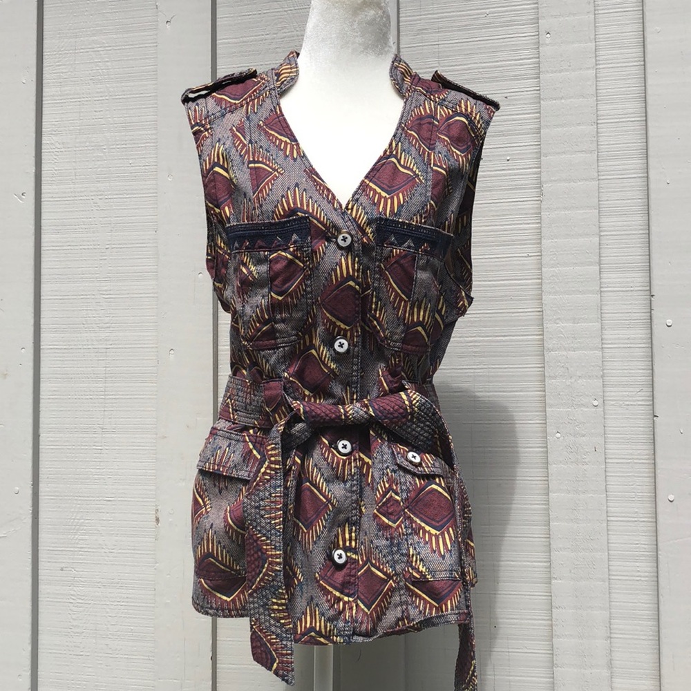 ELEVENSES African Print Button-Up Vest w/Belt